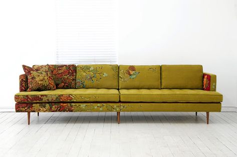 Casamento's embroidered furniture is sew beautiful (& sustainable!) Embroider Couch, Embroidered Furniture, Vintage Floral Velvet Sofa, Bohemian Sofa, Quirky Furniture, Palace Sofa Furniture Village, Unique Furniture Design, Rubber Tree, High Quality Furniture