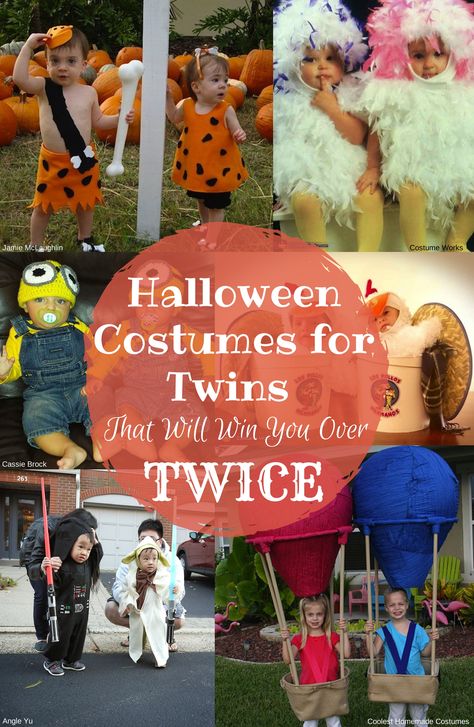 These twin Halloween costumes are doubly cute Twin Halloween Costumes For Babies Girls, Twins And Mom Halloween Costume, Disney Twin Costumes, Diy Twin Costumes, Costumes For Twins Sisters, Funny Twin Costumes, Twin Boys Halloween Costumes, Twin Boy Costumes, Infant Twin Halloween Costumes