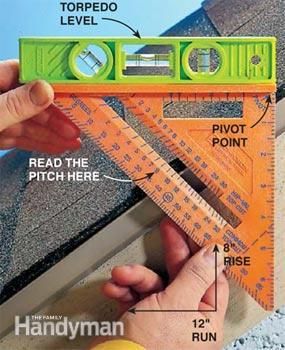 Finding roof pitch with a speed square and a torpedo level. Swanson Speed Square, Rafter Square, Roof Pitch, Speed Square, 3d Cnc, Woodworking Books, Carpentry Diy, Family Handyman, Diy Home Repair