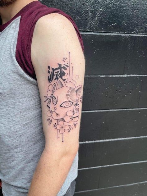 #tattoosleeve #tattoomom #tattoorj #tattooaddict #tattoorevuemag #tattooparlor #tattoomodel #tattooporn Demon Slayer Mask Tattoo, Demon Slayer Tattoo Ideas, Demon Slayer Mask, Demon Slayer Merch, Demon Slayer Tattoo, Slayer Tattoo, Blackout Tattoo, Full Back Tattoos, Geometric Tattoo Design