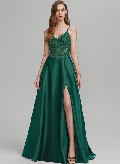 A Line V Neck Prom Dress, Dark Green Satin Prom Dress, Dark Green Formal Dresses, Forest Green Prom Dress, Lace And Satin Dress, Matric Farewell Dresses, Farewell Dresses, Split Prom Dresses, Prom 2022