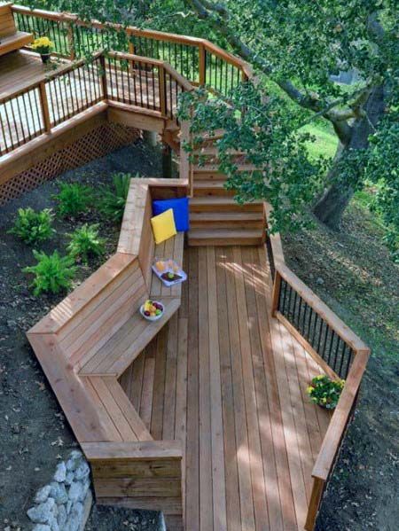 Top 60 Best Deck Bench Ideas - Built-In Outdoor Seating Designs Deck Bridge Walkways, Backyard Bank Landscaping, Hillside Deck, Deck Bench, Redwood Decking, Sloped Backyard, Wooden Deck, Deck Designs Backyard, Relaxing Outdoors