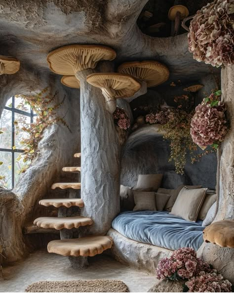 Nature Furniture Design Inspiration, Cool House Stuff, Fairy Interior Design, Mushroom Aesthetic Room, Fairy House Interior, Mushroom Furniture, Treehouse Interior, Fantasy Rooms, Cob House