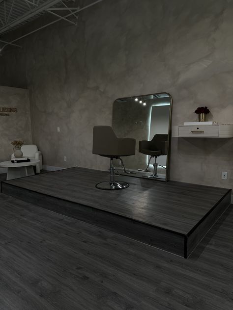 Dark Lash Room Aesthetic, Industrial Lash Studio, Hair Room Ideas, Dark Lash Room, Lash Studio Decor Black, Lash Tech Room Ideas Black, Hair Suite Decor Salon Ideas, Home Makeup Studio, Hairstylist Room Ideas