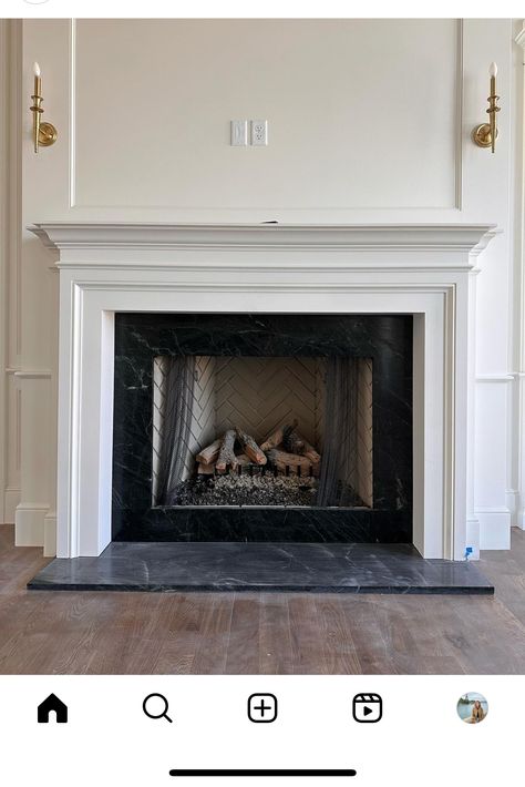 Fireplace Mantel Bookcase, Fireplace Surround Traditional, Fireplace With Moulding, Sheetrock Fireplace Surround, Traditional Fire Place, White Fireplace With Black Built Ins, Fireplace Mantle Styles, Corner Mantel Ideas, Mantle Surround Ideas