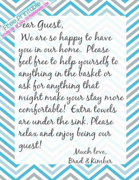 I always leave a handwritten note for my guests to make them feel comfortable in my home and let them know where things are! It makes them feel so welcome! **Free welcome note printable stationary download here!*** Every idea you need to make a guest basket for the bathroom! Love this idea! Plus a free printable for a guest welcome letter. Guest Welcome Baskets, Guest Basket, Guest Room Essentials, Note Printable, Guest House Plans, Welcome Basket, Welcome Baskets, Printable Stationary, Welcome Note