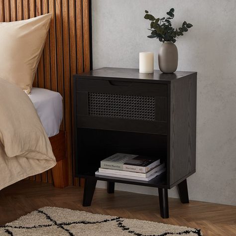 Black Nightstand Bedroom, Rattan Bedside Table, Bedside Table Contemporary, Bedside Table Set, Black Rattan, Black Nightstand, Black Bedside Table, Wooden Storage Cabinet, Drawer Bedside Table