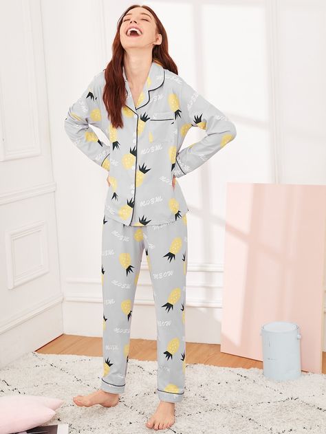 Pineapple & Letter Print Pajama Set -SHEIN(SHEINSIDE) Night Suits Pajama Set Design, Night Wears Pajamas, Cute Night Suits For Women, Girls Night Suits Design, Night Pajamas For Women, Night Suits For Women Pajama Set, Night Suit Designs For Women, Night Dress For Girl, Cute Night Suit