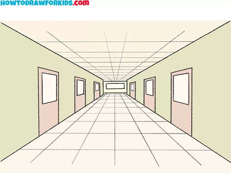 How to Draw a Hallway - Easy Drawing Tutorial For Kids Cloud Outline, Hallway Pictures, Hall Painting, School Hall, Simple Building, School Hallways, Sketching Tips, Building Drawing, Drawing Tutorials For Kids