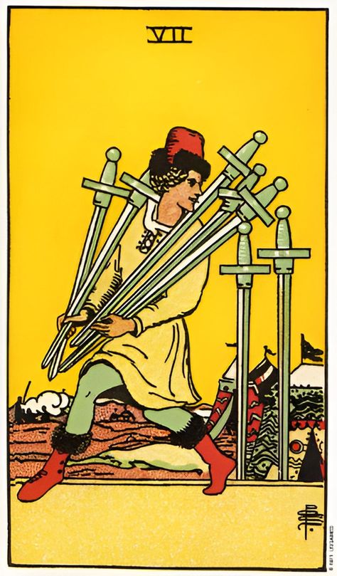 Seven Of Swords, Tarot Swords, Tarot Significado, Swords Tarot, Tarot Guide, Glass Ideas, Swords, Tarot Cards, A Man