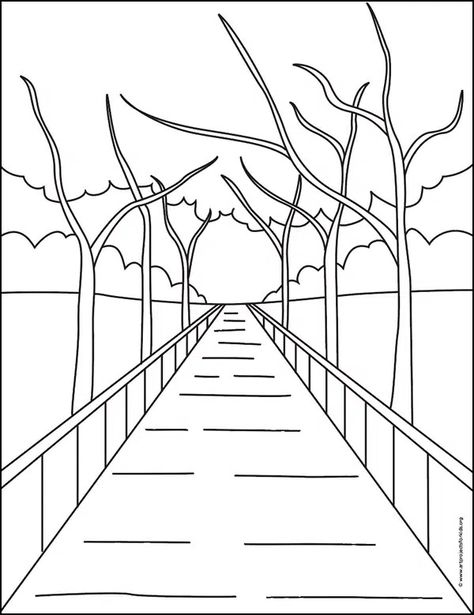 Easy Perspective Drawing, Perspective Drawing For Beginners, Perspective Drawing Ideas, Easy Perspective, One Perspective Drawing, Linear Perspective Drawing, 1 Point Perspective Drawing, Landscape Drawing Easy, Town Drawing