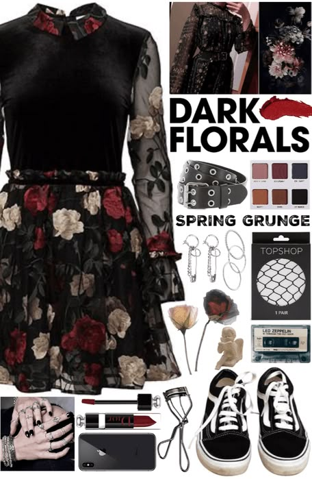 Witchy Look Outfit, Spring Witchy Outfit, Spring Outfits Goth, Dark Floral Aesthetic Outfit, Floral Grunge Outfit, Dark Spring Aesthetic Outfits, Gothic Spring Outfit, Edgy Cottagecore Outfits, Alternative Fashion Spring