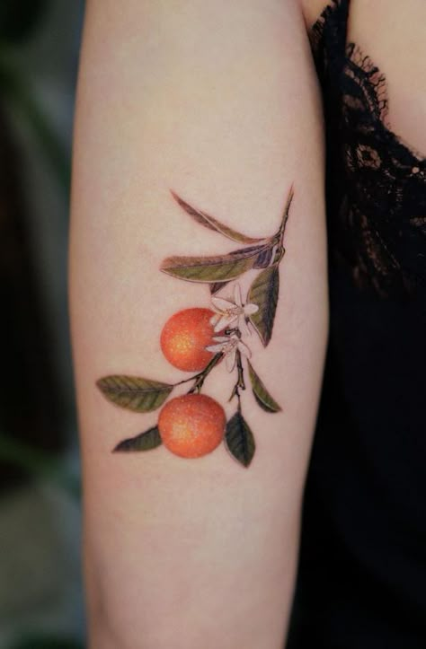 Tattoos Of Oranges, Tangerine Tree Tattoo, Orange Tattoo Color, Clementine Tree Tattoo, Orange Flowers Tattoo, Calamansi Tattoo, Kumquat Tattoo, Mandarin Tattoo, Orange Branch Tattoo