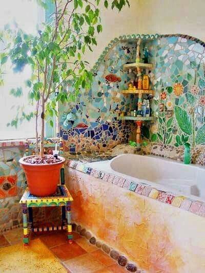 ☮ American Hippie Bohéme Boho Lifestyle ☮ Bath Hippie House, Bohemian Bathroom, Hippie Homes, Mosaic Bathroom, Decor Ikea, Cob House, Hippie Home Decor, Bathroom Outdoor, Deco Boheme