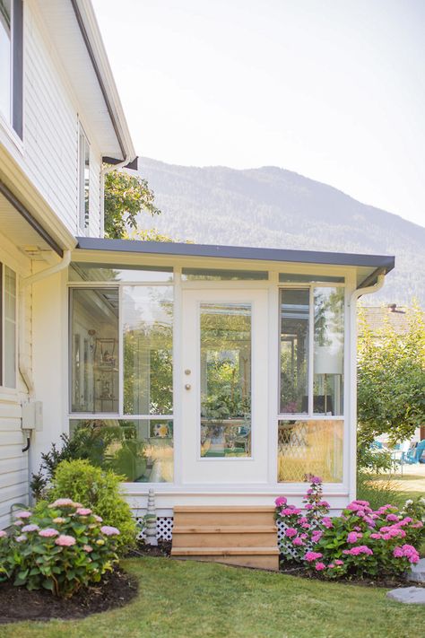 My Mom's Beautiful Sunroom Reveal; Before & After | Before and After Sunroom Addition Townhouse, Enclosed Porch Sunroom, French Doors Into Sunroom, Sunroom Door Ideas, Turn Porch Into Sunroom, Mud Room Sunroom, Prefab Sunroom Room Additions, Sunroom Exterior Doors, Kitchen To Sunroom Transition