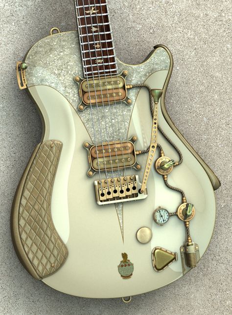 #guitars Cool Instrument Design, 300x300 Pfp Spotify, Beautiful Guitars Electric, Guitar Pretty, Guitar Customization, White Steampunk, Gitar Vintage, Steampunk Guitar, Beautiful Instruments