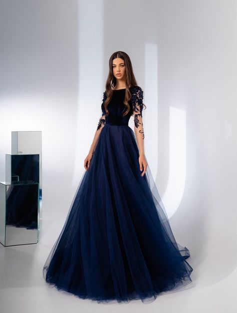 Navy Blue Evening Dress, Prom Dress Navy Blue, Prom Dress Navy, Navy Blue Prom Dresses, Evening Dress Long, A Line Evening Dress, Long Sleeve Prom, Elegant Prom Dresses, Blue Evening Dresses