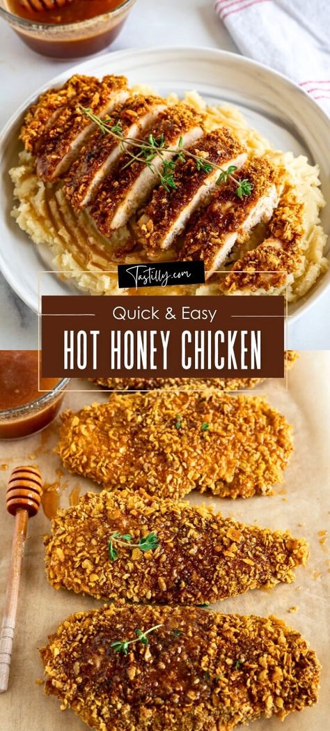 Quick & Easy Hot Honey Chicken Chicken Breast Recipes Fried, Sliced Chicken Recipes, Mikes Hot Honey Recipes, Easy Hot Honey Chicken, Hot Honey Recipes, Easy Honey Garlic Chicken, Hot Honey Chicken, Turkey Dinners, Meat Entrees