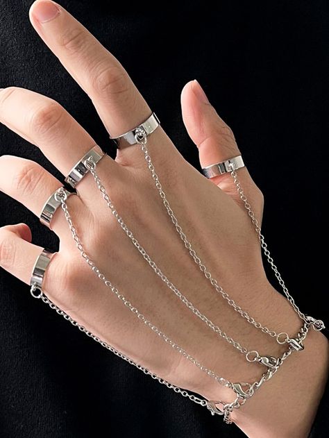 1pc Women's Fashionable Punk Finger Ring & Bracelet & Silver Chain Hand Harness Bracelet With Ring Connected | SHEIN USA Emo Jewelry, قلادات متدلية, Finger Bracelets, Hip Hop Chains, Stile Hip Hop, Gelang Manik-manik, Moda Emo, Edgy Jewelry, Gelang Manik