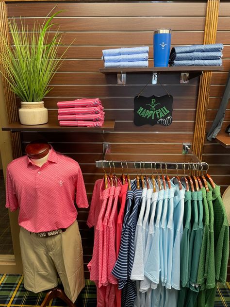 Shop Merchandising, School Spirit Store, Golf Pro Shop, Merchandise Display, Slat Wall Display, Merchandising Ideas, Retail Design Display, Spirit Store, Equestrian Aesthetic