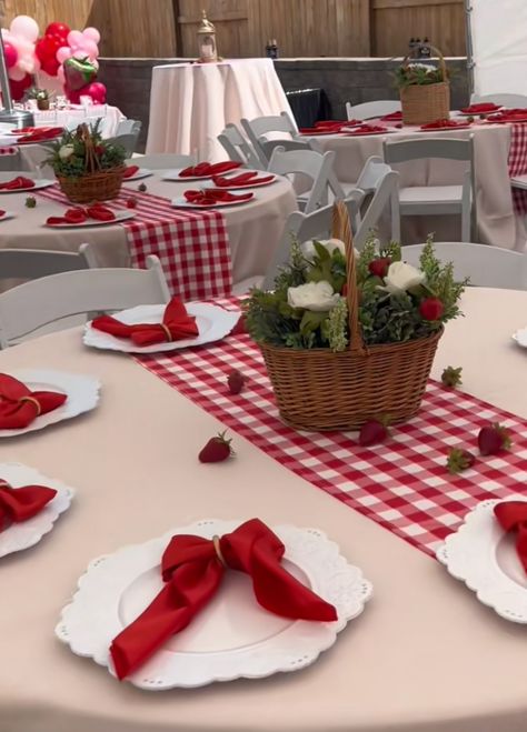 Strawberry Theme Party Centerpieces, Strawberry First Birthday Theme Centerpieces, Strawberry Shortcake Centerpieces Ideas 1st Birthday Parties, Cherry On Top Baby Shower Ideas, Strawberry Center Piece Ideas, Berry Baby Shower Centerpieces, Berry First Birthday Party Table Decor, Strawberry Party Centerpiece Ideas, Strawberry Picnic Party