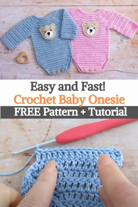 If you like making baby clothes, you've come to the right place! Not only is the Little Logan baby romper super cute, but it's also a quick and easy crochet project for you. This crochet baby romper pattern is part of a set consisting of a hat, booties, a teething teddy bear, and an adorable matching baby blanket. This baby set would make the most adorable gift for a new baby and it really wouldn't take long to prepare the items. The creator decided to add a teddy bear applique to... Newborn Crochet Onesie Pattern Free, Baby Romper Crochet Pattern Free, Crochet Onesie Pattern Free, Crochet Baby Clothes Free Patterns, Crochet Baby Onesie, Baby Romper Pattern Free, Teddy Bear Applique, Crochet Onesie, Crochet Ocean