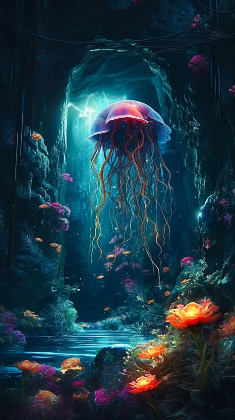 Digital artwork depicting a jellyfish in an underwater cavern garden Dark Underwater Art, Underwater Galaxy, Underwater World Art, Wallpaper Jellyfish, Underwater Mural, Aquarium Wallpaper, Underwater Wonderland, Wallpapers Home Screen, Underwater Drawing