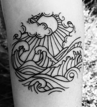 American Traditional Waves, Traditional Wave Tattoo, Traditional Sea Tattoo, Chris Tattoo, Tatoo Styles, Wave Tattoo Design, Etching Tattoo, Traditional Tattoo Inspiration, Armband Tattoos