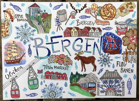 Norway Tattoo Ideas, Norway Illustration, Norway Drawing, Nyhavn Drawing, Norway Map, Toddler Organization, Geography Activities, Travel Art Journal, Bergen Norway