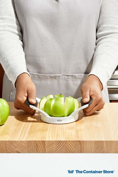 Whether you want quick healthy snacks or perfect wedges for a cheeseboard presentation, this apple slicer makes it easy. Its sharp stainless steel blades cut and core in one smooth motion. Raised nonslip handles are designed for comfort, keeping fingers clear of prep surfaces. This apple slicer even cleans up conveniently in the dishwasher. Strawberry Huller, Apple Slicer, Apple Corer, Melon Baller, Quick Healthy Snacks, Prep Kitchen, Kitchen Solutions, Cooking Gadgets, Apple Slices