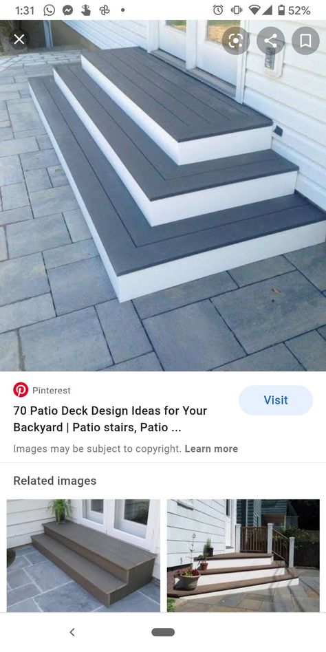 Back Step Ideas, Patio Stairs With Landing Concrete, Concrete Patio With Wood Steps, Outdoor Landing And Steps, Steps Off Back Door To Patio, Composite Steps To Concrete Patio, Step Down To Patio, Front Stairs Entrance, Backdoor Stairs