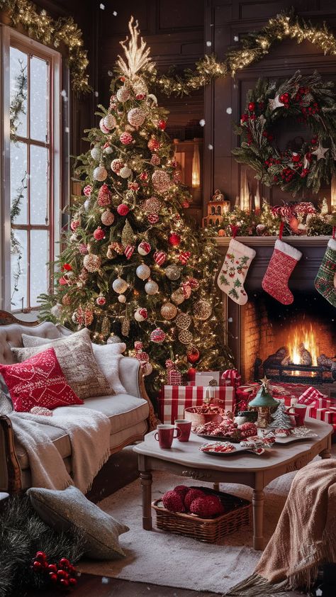 Immerse yourself in the magic of the holiday season with this cozy Christmas wallpaper aesthetic. Featuring a beautifully decorated living room with twinkling lights, a stunning evergreen tree, and a crackling fireplace, this scene evokes warmth and joy. Perfect for your festive decor, it captures the enchanting spirit of Christmas with rich reds, greens, and golds. #ChristmasWallpaper #HolidayDecor #CozyChristmas Holiday Aesthetic Christmas, Cozy House Christmas, Christmas Cozy Aesthetic Wallpaper, Twinkle Lights Tree, Holiday Wallpaper Aesthetic Christmas, Christmas Aesthetic Red And Green, Cozy Christmas Tree Ideas, Christmas Tree Aesthetic Wallpaper, Christmas Tree Wallpaper Aesthetic