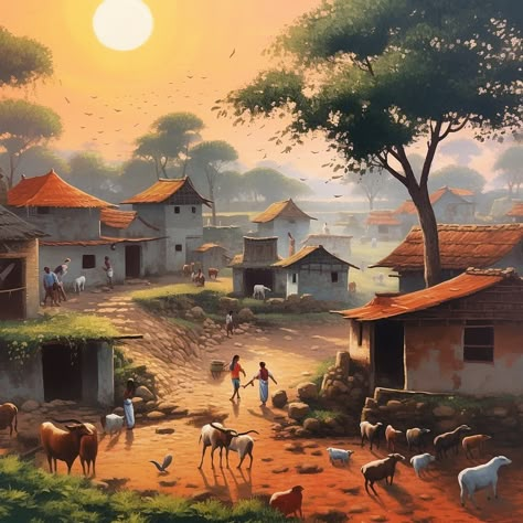 Natural_Village_scene Village Sinari Drawing, Village Painting Ideas, Landscape Village Paintings, Indian Village Painting Landscapes, Indian Village Background, Village Painting Indian Landscape, Indian Village Illustration, Indian Village Art Paintings, Village Painting Indian