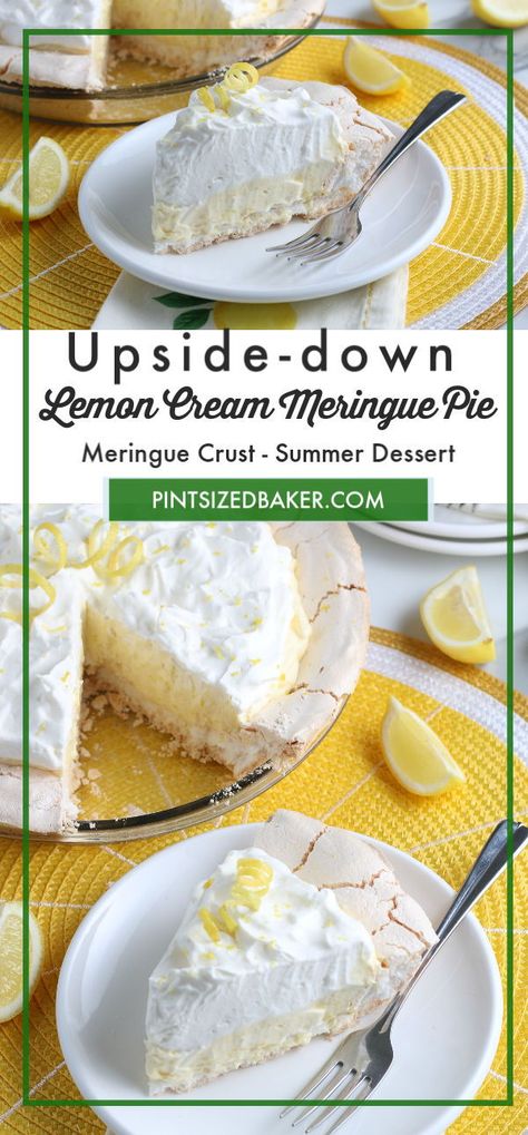 Turn the classic lemon meringue pie on it's head! Literally! This pie has a meringue crust that is filled with sweet lemon cream filling and topped with whipped cream. It's so dreamy! #pierecipe #lemonmeringue #dessert Fresh Whipped Cream, Meringue Desserts, Icebox Pie, Trifle Pudding, Sweet Time, Sweet Lemon, Cheesecake Desserts, Lemon Pie, Meringue Pie