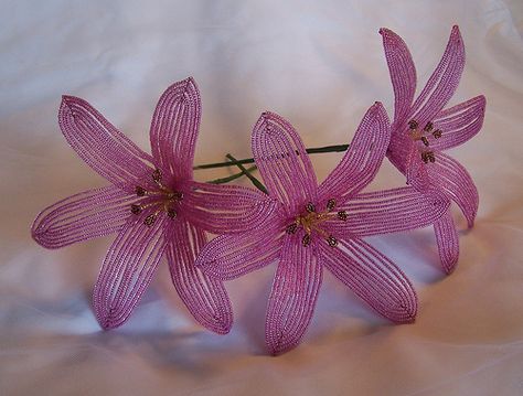 French Beaded Lilies - topside Mom Bouquet, Beaded Flower Bouquet, Artsy Boy, Beaded Bouquet, Beaded Tree, Skeleton Flower, Bead Flowers, Purple Lily, Beaded Flowers Patterns