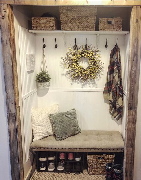 So happy with my closet nook! $60 for materials from Lowes Front Entrance Nook Ideas, Entry Nook Ideas, Entrance Nook, Entry Closet Makeover, Entryway Nook, Closet Nook, Entry Nook, Front Hall Closet, Entryway Decorating