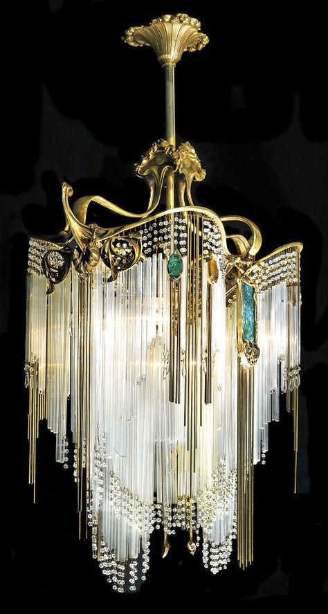 Art Nouveau ormolu five light chandelier, in the manner of Hector Guimard. French late 19th/early 20thC Fancy Chandelier, Hector Guimard, Lampe Art Deco, Design Art Nouveau, Crystal Lamps, Koloman Moser, Lights Hanging, Deco Originale, Crystal Chandeliers