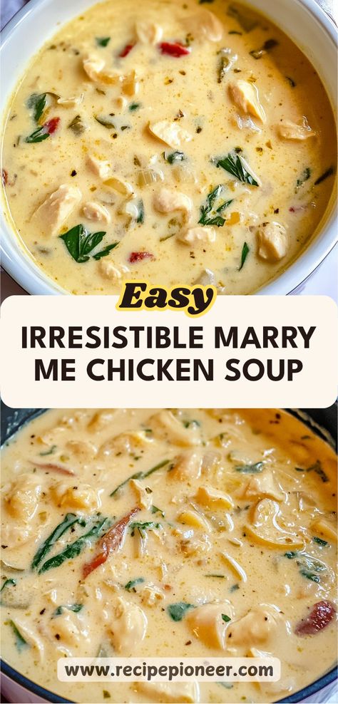 This pin showcases the comforting Marry Me Chicken Soup recipe. With vibrant visuals highlighting the creamy goodness and tender chicken, it brings a sense of warmth and inviting flavors with two enticing images. Simple Easy Soup Recipes, Easy Marry Me Chicken Soup, Single Serving Soup Recipes, Best Homemade Chicken Soup, Soup Ideas With Chicken, Creamed Soups Homemade, Soups Made With Chicken, Marry Me Chicken Soup Recipe, Chicken Breast Soup Recipes