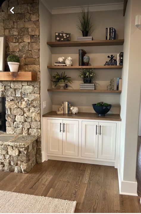 Fireplace Between Shelves, Fireplace Ideas Shelves, Built In Shelves Stone Fireplace, Cozy Fireplace With Built Ins, Stone Fireplace With Built In Cabinets, Shelves Near Fireplace, Small Sitting Room With Fireplace, Rustic Built Ins, Fireplace Wall Shelves