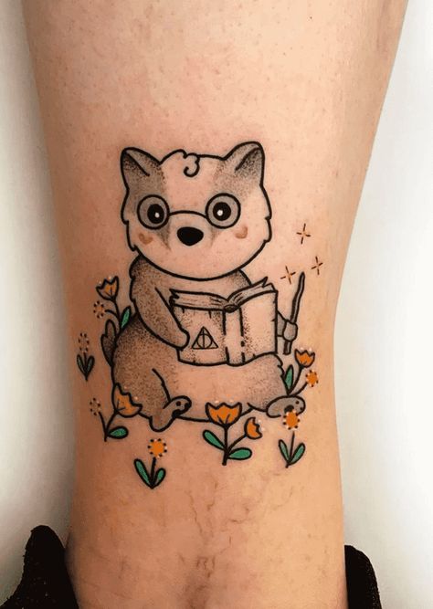 Cute Honey Badger Tattoo, Hufflepuff Badger Tattoo, Honeybadger Tattoos, Honey Badger Tattoo, Badger Tattoo, Reading Tattoo, Baby Badger, Cup Tattoo, Knife Tattoo