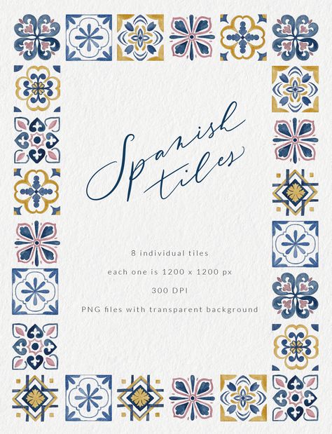 Spanish Tile Design Pattern, Spanish Style Design, Mediterranean Tile Pattern, Theme Design Ideas, Spanish Style Dinner Party, Spanish Tile Painting, Mediterranean Theme, Spanish Tile Wedding Invitations, Mediterranean Illustration Design