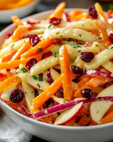 Refreshing Apple Cranberry Carrot Salad Crunchy Apple Carrot Cranberry Salad, Carrots And Apples Side Dish, Carrot Apple Salad Recipes, Healthy Carrot Salad Recipes, Creamy Apple Salad, Carrot Salad Recipes Healthy, Apple And Carrot Salad, Fruits And Vegetables Recipes, Cooked Vegetable Salad