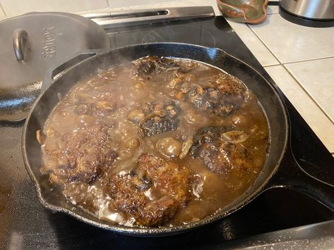 Hamburger Steak - Dandy Don’s LSU Sporting News Cajun Steak Recipes, Cajun Hamburger Steak, Cabana Recipes, Cajun Cooking Recipes, Authentic Cajun Recipes, Cajun Recipes Authentic, Hamburger Steaks, Creole Food, Rice And Gravy