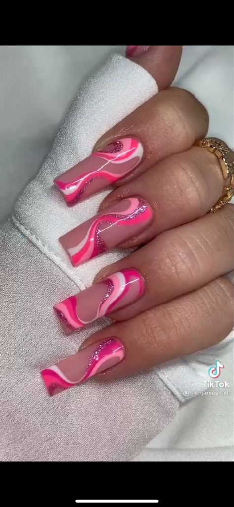 Abstract Acrylic Nails, Pink Swirl Nails, Abstract Nail Designs, Pink Stiletto Nails, Reflective Nails, Line Nail Art, Abstract Nail, Summer Acrylic, Art Movements