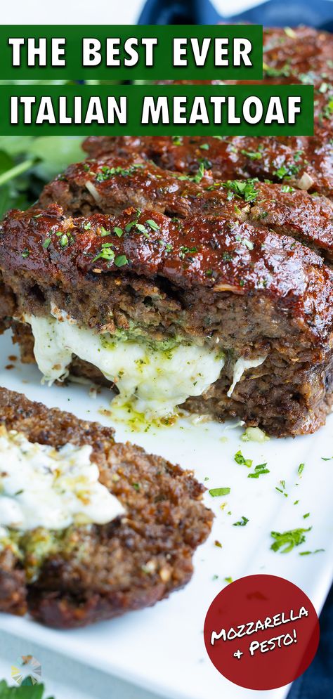 Full of flavor, Mozzarella Stuffed Italian Meatloaf is the best comfort food recipe! Ground beef, sausage, and Italian breadcrumbs are mixed together, stuffed with melty mozzarella cheese and pesto sauce, and baked into a loaf that is topped with the best homemade tomato-based glaze. Serve this impressive main dish along with roasted veggies and mashed cauliflower for a fabulous dinner. Mozzarella Meatloaf Recipes, Best Ground Beef Recipes For Dinner Main Dishes, Spinach Mozzarella Meatloaf, Mozzarella Stuffed Meatloaf Recipes, Ricotta Stuffed Meatloaf, Ground Beef And Italian Sausage Meatloaf, Meatloaf With Italian Sausage And Ground Beef, Ground Sausage And Hamburger Recipes, All Beef Sausage Recipes