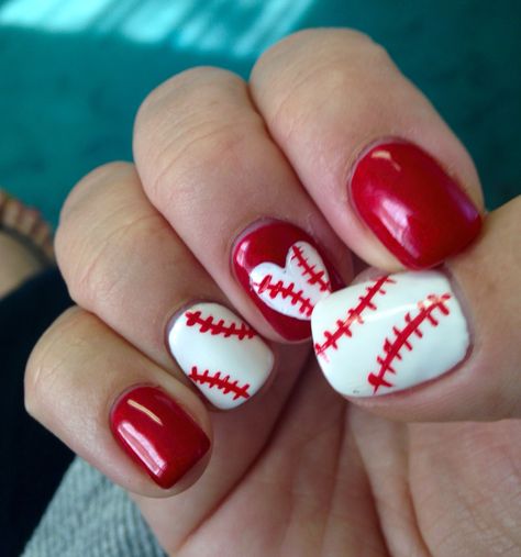 Pink Baseball Nails, Black And Red Baseball Nails, Red Baseball Nails, Baseball Mom Nails, Baseball Nails Design Mom, Baseball Nail Designs, Honey Nails, Baseball Nails, Sports Nails