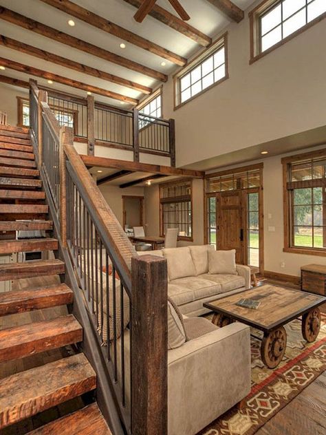 Farmhouse Staircase, Farmhouse Stairs, Rustic Staircase, Rustic Stairs, Rustic House Plans, Staircase Ideas, Converted Barn, Staircase Decor, Casa Country