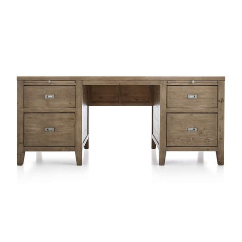 Morris Ash Grey Executive Desk + Reviews | Crate & Barrel Havenly Office, Brown Bookcase, Brown Nightstands, Wide Bookcase, Modern Home Office Desk, Reclaimed Wood Desk, Brown Desk, Unique Desk, Walnut Shelves