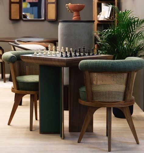 Chess Corner In Living Room, Chess Table With Chairs, Chess Table And Chairs, Living Room Chess Table, Modern Chess Table, Chess Table Design, Chess Table In Library, Side Table For Chess, Side Table Chess