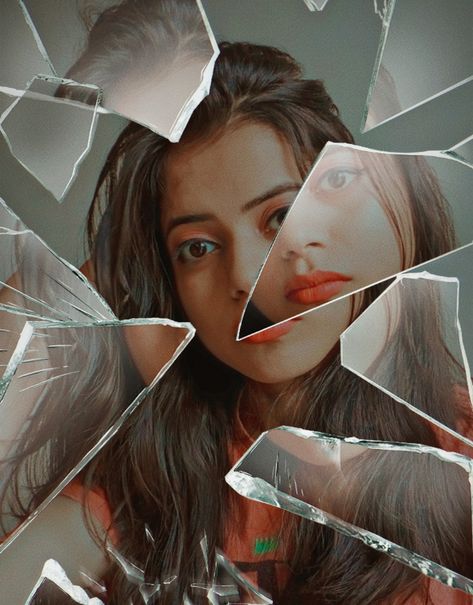 Instagram @kajal_jain995 Shattered Glass Reflection, Shattered Mirror Photography, Broken Mirror Photography, Collage Items, Mirror World, Cracked Mirror, Mirror Collage, Shattered Mirror, Art Folio